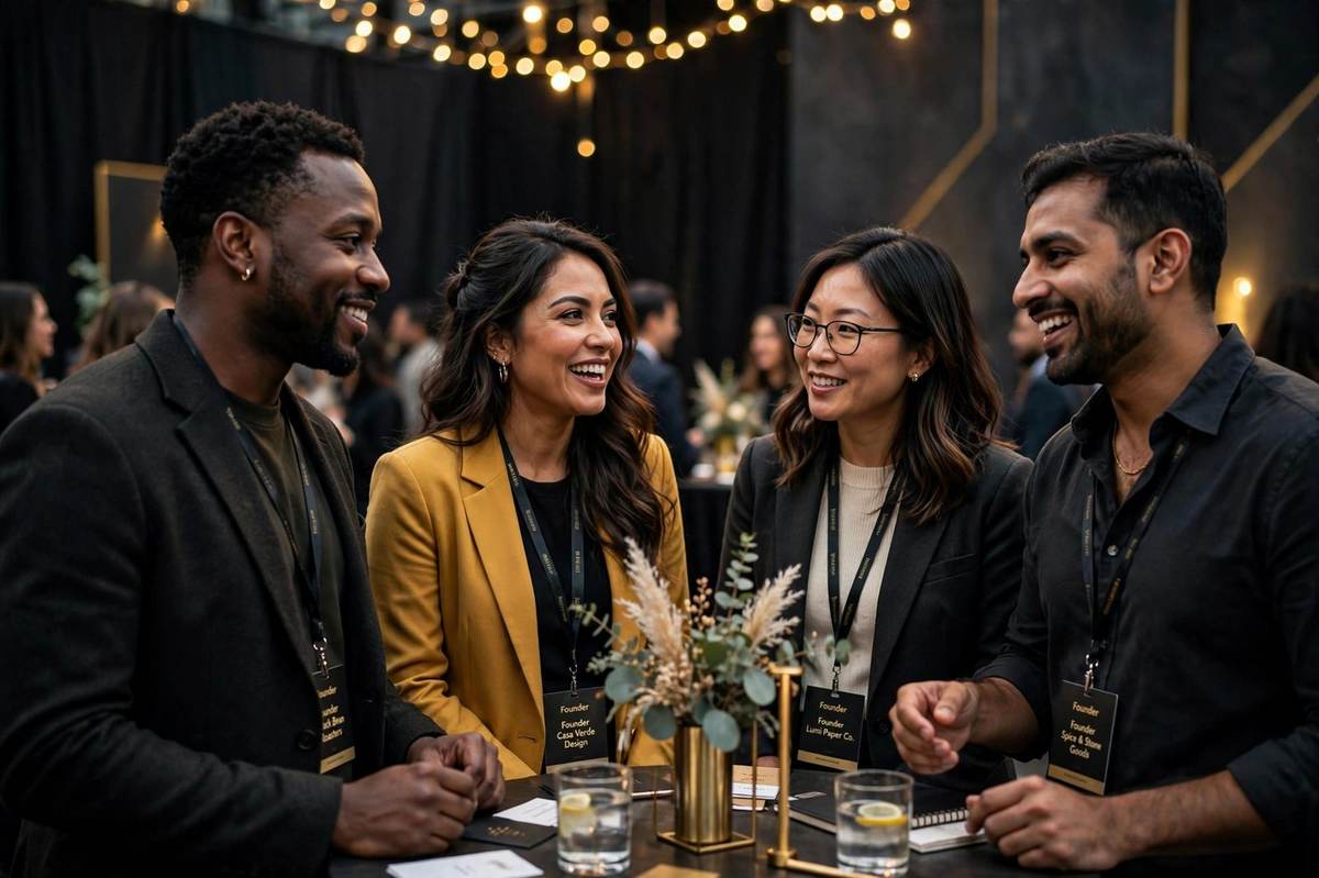 Diverse small business owners networking and talking at a chamber event