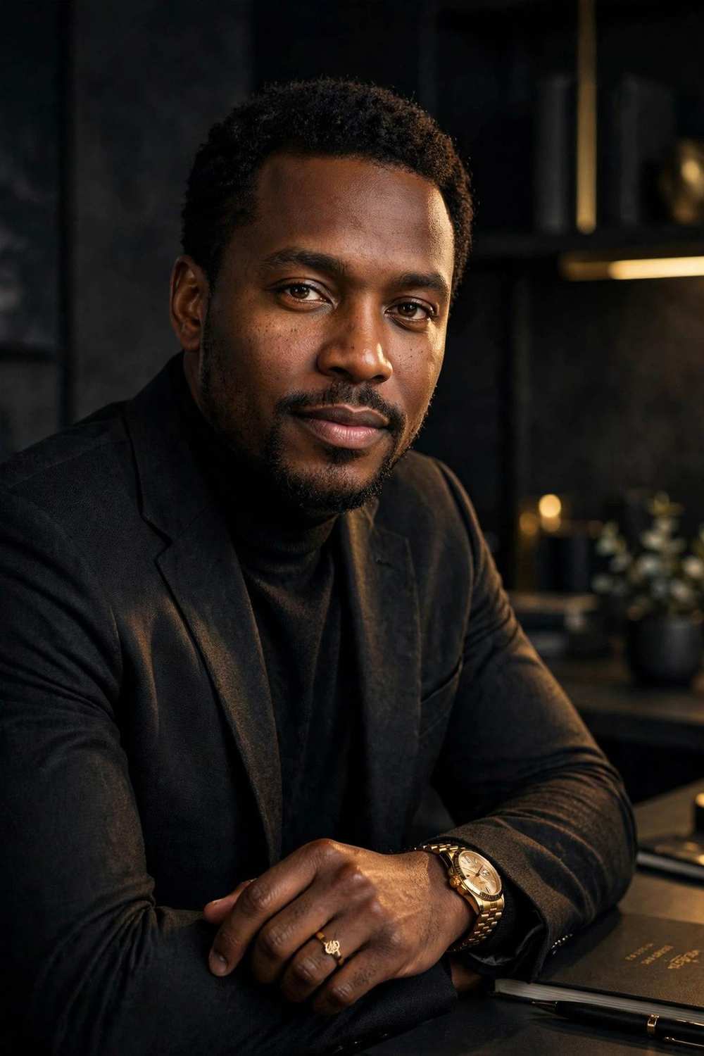 Black male founder portrait in a modern workspace, confident editorial photography