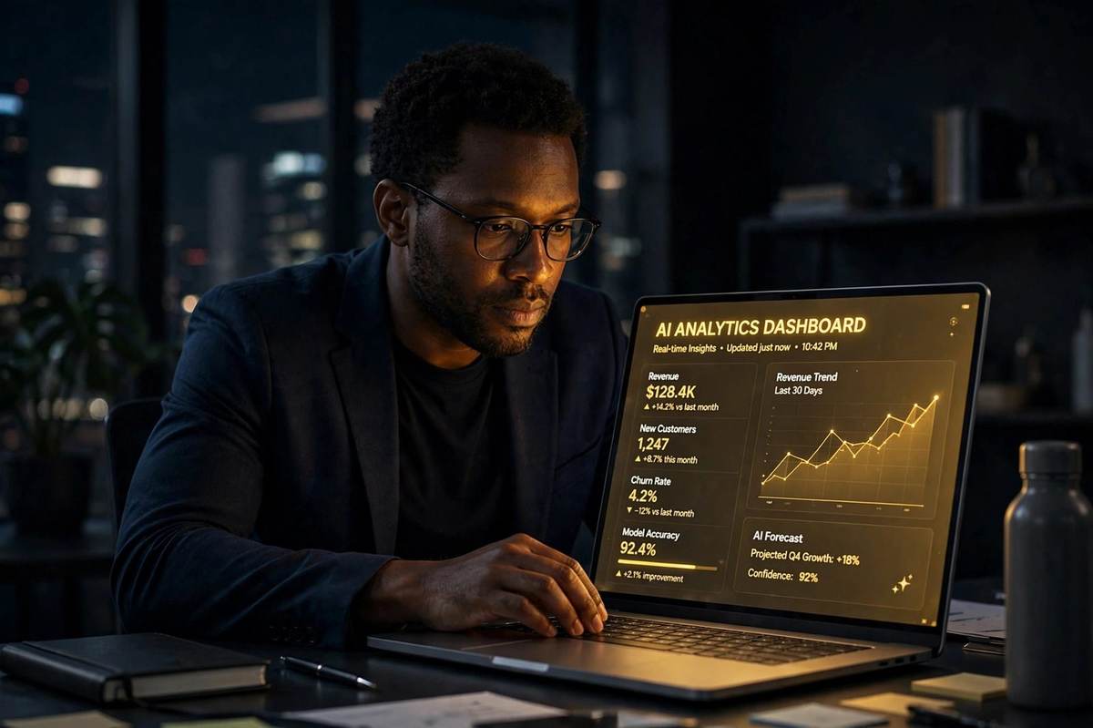 Business owner reviewing an AI analytics dashboard with a gold interface glow on a laptop
