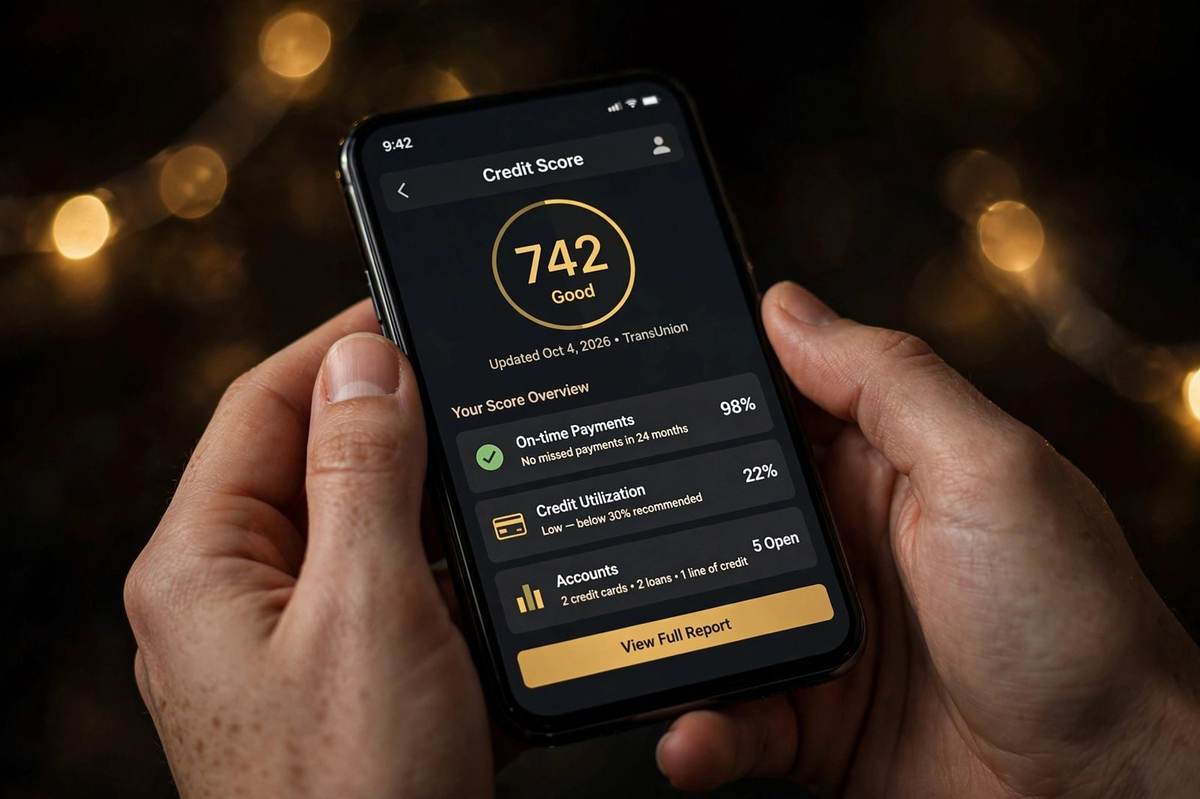 Hands holding a smartphone showing a credit score app with gold accents on a dark background