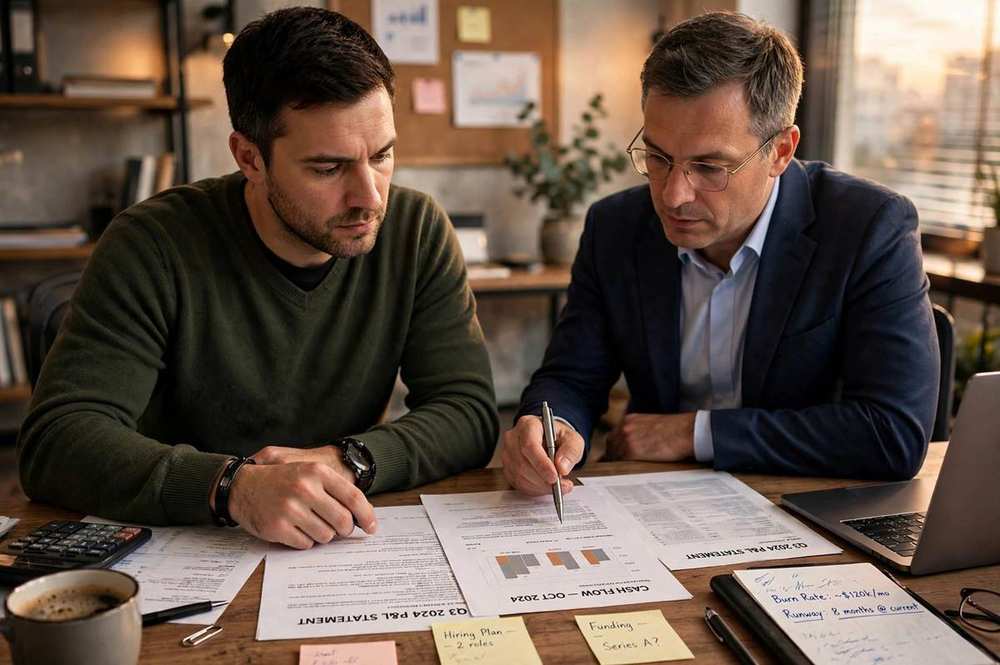 Entrepreneur reviewing financial documents with an advisor in warm professional light
