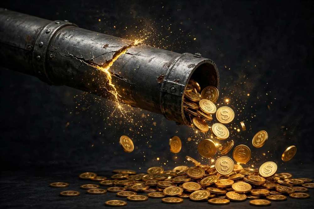Golden coins flowing from a cracked pipe with gold particles escaping, visualizing revenue leaking away