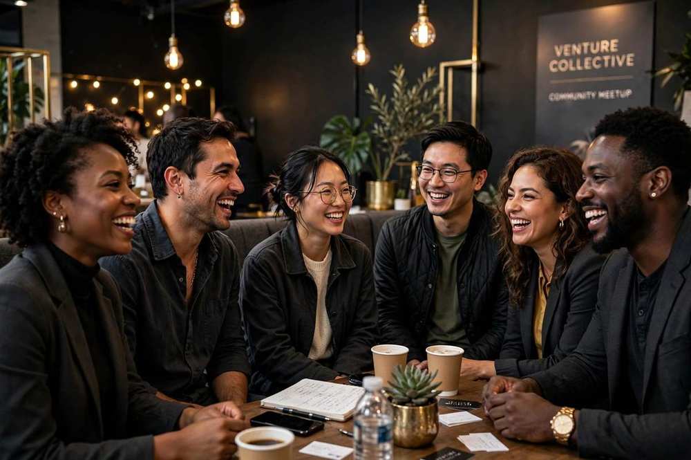 Diverse entrepreneurs talking and laughing together at a lively community meetup