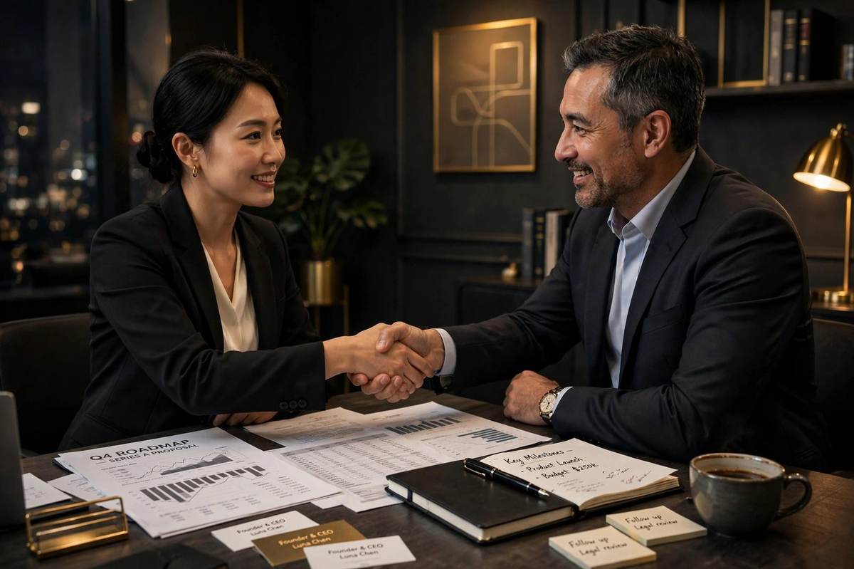 Asian woman entrepreneur shaking hands with an advisor across a desk with business documents