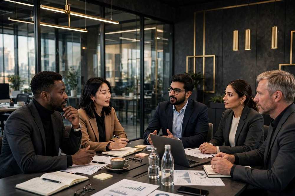 Diverse corporate team meeting around a conference table in a modern office