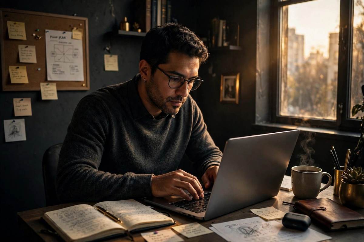 Latino business owner working on a laptop in his small office