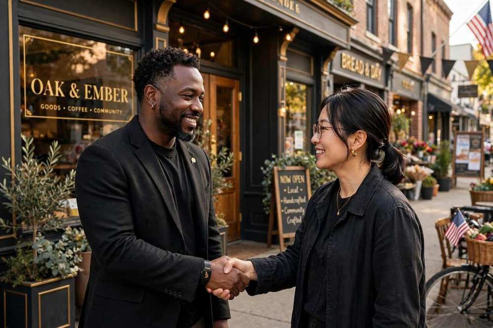 Two minority business owners shaking hands in front of a storefront in daylight