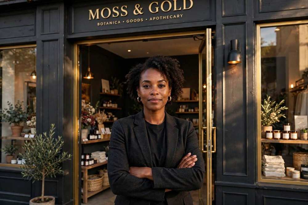 Black woman business owner standing proudly in her retail storefront doorway