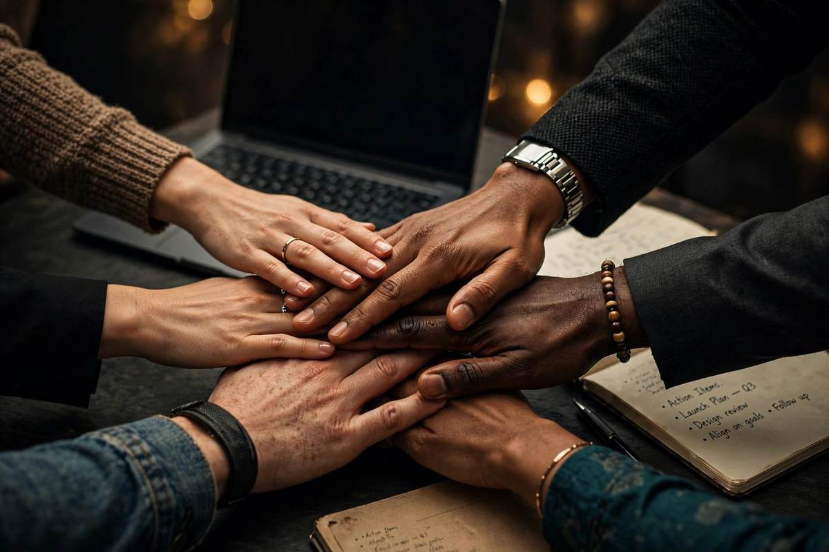 Diverse hands joining together over a table with a laptop and notebook