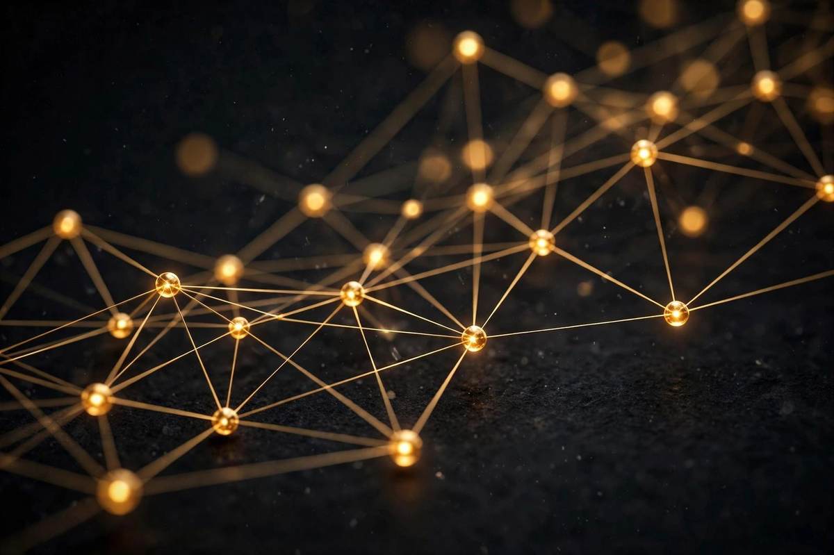 Abstract gold network lines connecting glowing nodes over dark charcoal, a visual of capital flowing through connected businesses
