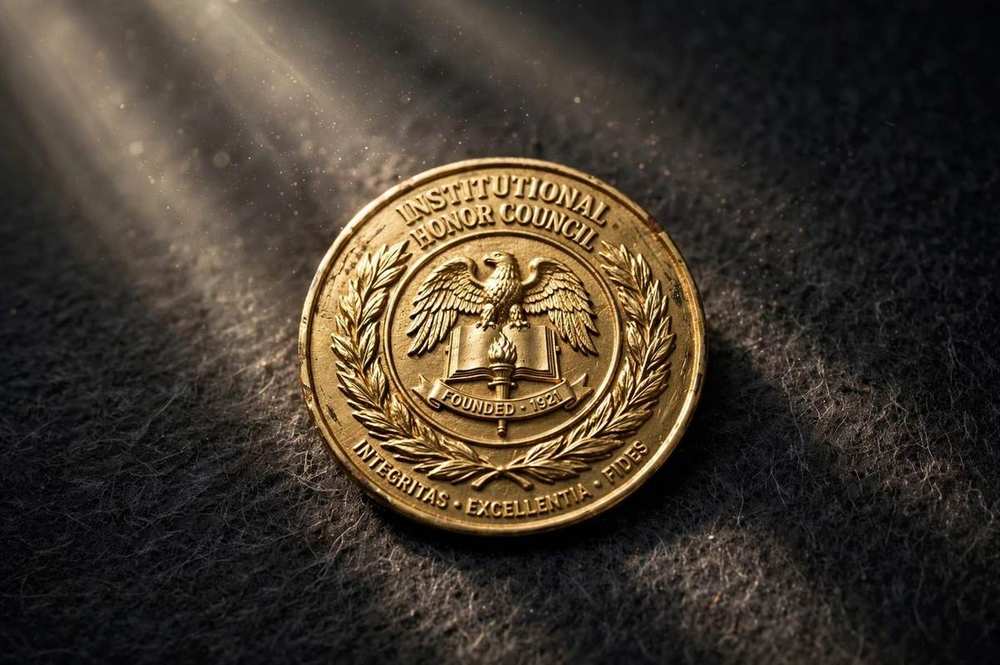 Gold certification badge and seal motif on a dark charcoal background