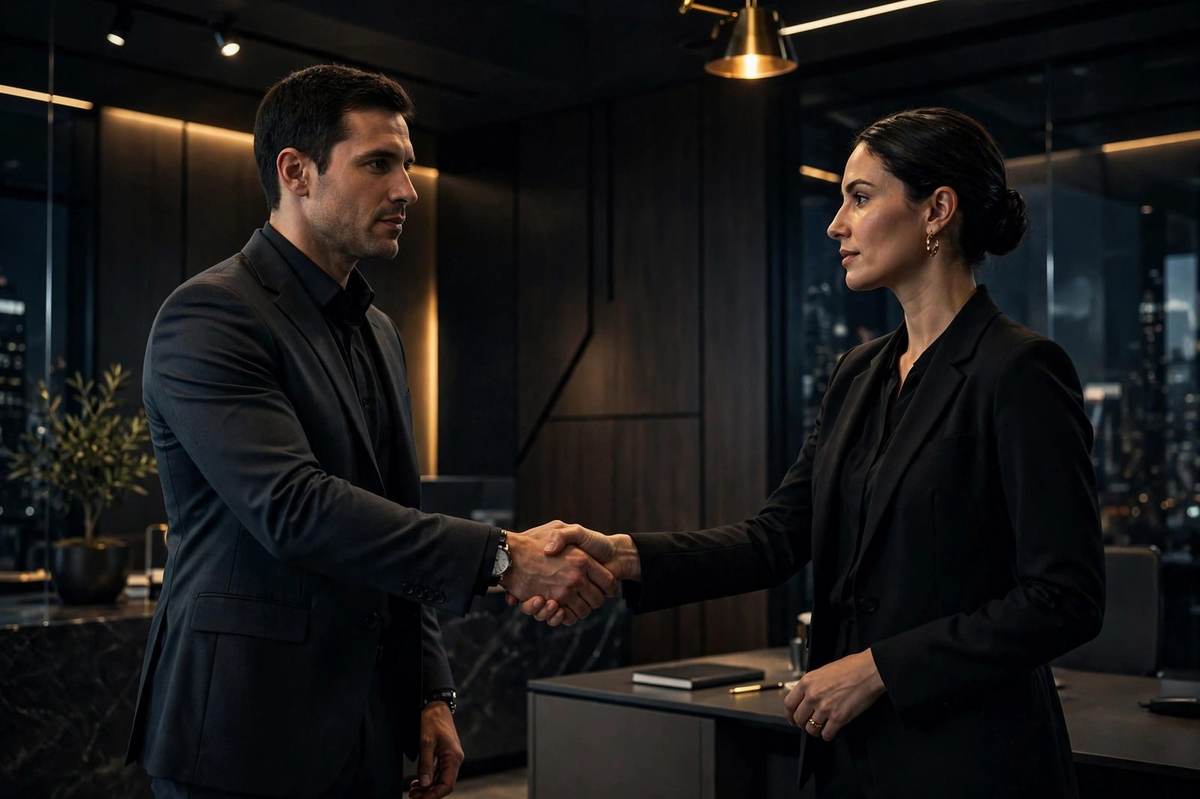 Two business professionals shaking hands in a modern office with warm gold accent lighting