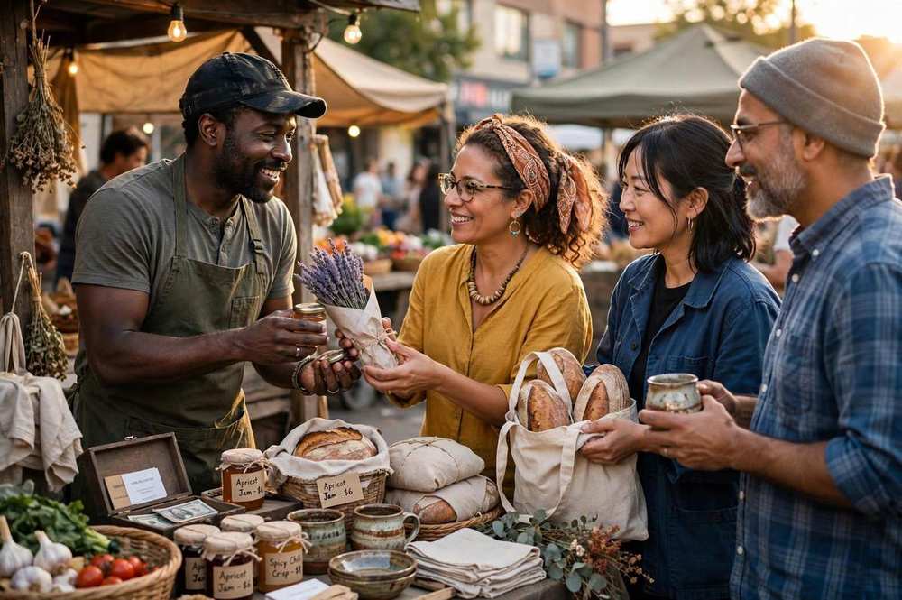 Diverse small business owners exchanging goods at a market stall in warm light