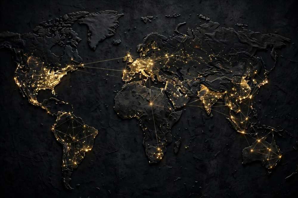 Dark world map with gold data points and connecting lines, a national intelligence network